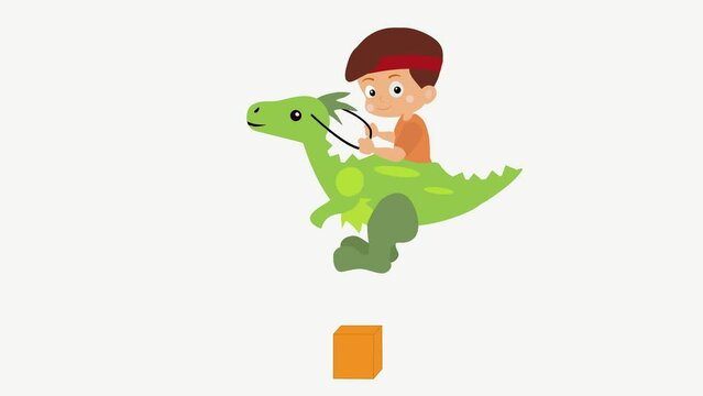 A jumping kid with a dinosaur costume