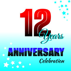 12th birthday celebration background. Red gradient colored numbers and blue gradient background decorated with stars.