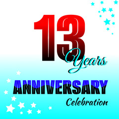 13th birthday celebration background. Red gradient colored numbers and blue gradient background decorated with stars.