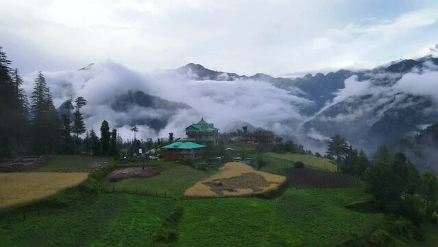 Drone Shot of a cloudy Sainj Valley in Himachal Pradesh near Manali, Kasol