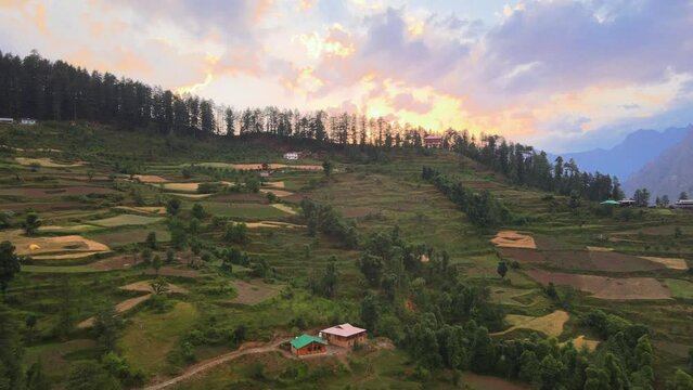Drone Shot of sunset in a small village in Sainj Valley in Himachal Pradesh near Manali, Kasol