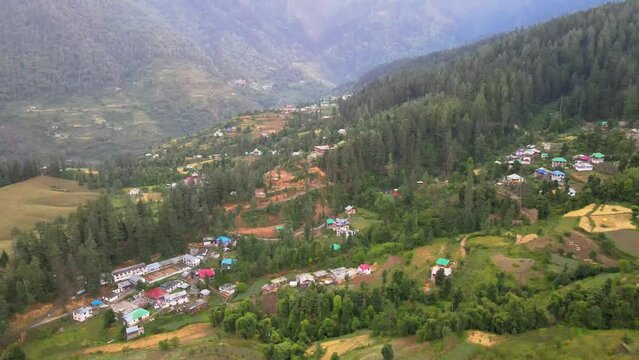 Drone Shot of sunset in a small village in Sainj Valley in Himachal Pradesh near Manali, Kasol