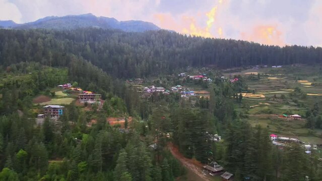 Drone Shot of sunset in a small village in Sainj Valley in Himachal Pradesh near Manali, Kasol