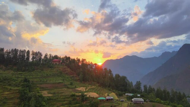 Drone Shot of sunset in a small village in Sainj Valley in Himachal Pradesh near Manali, Kasol