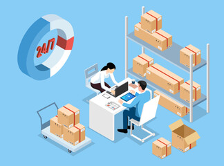 3D isometric Online delivery concept with a man and a woman decide the delivery addresses for packages in the warehouse. Vector illustration eps10