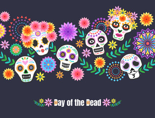 Day of the dead, Dia de los muertos, banner with colorful Mexican flowers. Fiesta, Halloween holiday poster, party flyer, funny greeting card