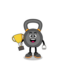 Cartoon mascot of kettlebell holding a trophy