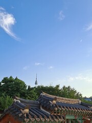 Obraz premium Roof tiles of the traditional Korean houses and N Seoul Tower (Namsan Tower) - Tradition and modernity 