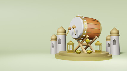 3d rendering islamic decoration background with bedug drum and lantern.
