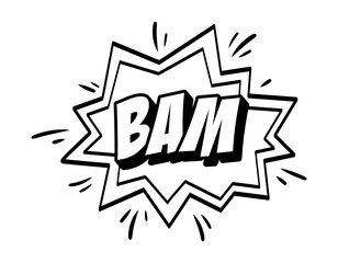 Retro explosion for comics. Pop art element with abstract onomatopoeic shape and lettering bam. Funny design element for tattoo and branding. Cartoon simple flat vector illustration in vintage style
