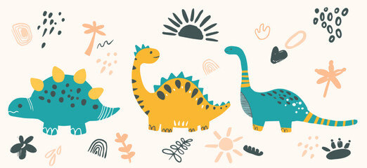 Vector hand drawn cute dinosaurs. Set of colorful Dino for icon, banner, logo, print, card, gift, fabric, web, label, advertising, card, fabric. Childish illustrations. Cartoon.