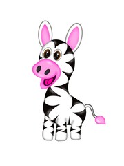 Fototapeta na wymiar Cute black and white, smiling Zebra with pink ears, pink mouth and pink tail