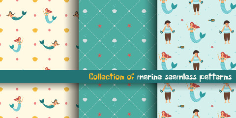 Set of seamless patterns with mermaids, pirates and shells. Brave pirate with bottle of rum and beautiful mermaids. Collection of three vector illustrations. For fabric and wallpaper design