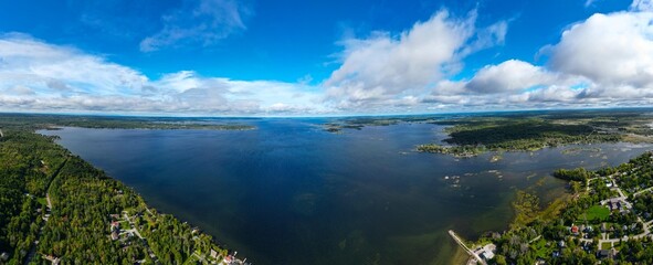 Barrie Panorama  lake simcoe beach and sky and water drone views end of summer 