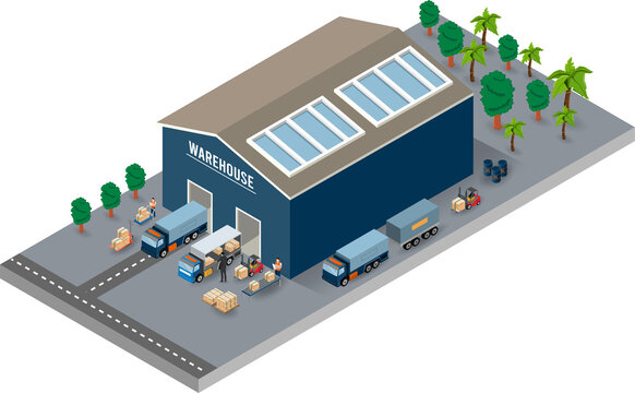 3D Isometric Warehouse, Delivery Service, Storage Building, Forklifts, Cargo And Trucks For Shipping Business. Clipart Transparent PNG Hd