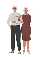 Stylish elderly people. Old couple or family in beautiful clothes. Man and woman pensioners in trendy shirt or dress. Grandmother and grandfather. Cartoon flat vector illustration on white background