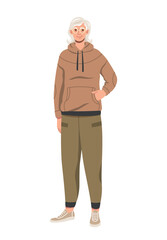 Stylish elderly person. Positive gray haired woman in trendy sportswear and glasses. Beautiful old grandmother in fashionable casual outfit. Cartoon flat vector illustration on white background