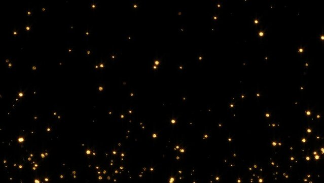 Loop flickering glittering gold star particles float up on black abstract background. 4K 3D seamless loop animation. Winter holiday background concept, Merry Christmas, New year, Wedding, Celebration 