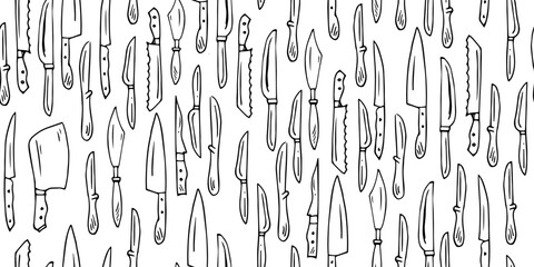 Kitchen knives for various purposes. Rectangular seamless pattern. cooking appliances. Outline hand drawn sketch. Drawing with ink. Isolated on white background. Vector.