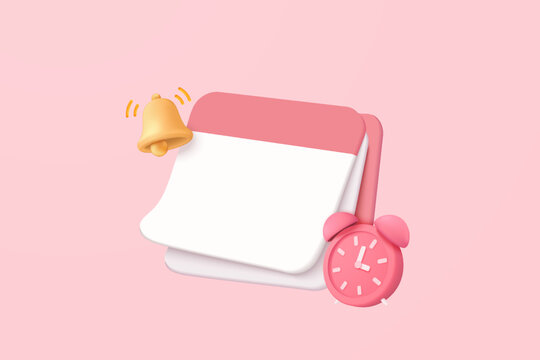 3d Calendar Marked Date And Time For Reminder Day In Pink Background. Calendar With Clock For Schedule Appointment, Event Day, Holiday Planning Concept. 3d Alarm Clock Icon Vector Render Illustration