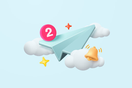 3d paper plane mail icon with bell notification for new message. Minimal email sent letter to social media online marketing. Subscribe to newsletter. 3d plane flight icon vector rendering illustration