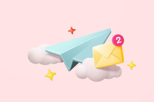 3d paper plane mail icon on cloud for send new message. Minimal email sent letter to social media online marketing. Subscribe to newsletter. 3d plane flight icon vector rendering illustration