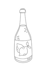 Fresh lemonade in the bottle with lemon on the wrapper in doodle style. Flat vector cartoon illustration, clipart.