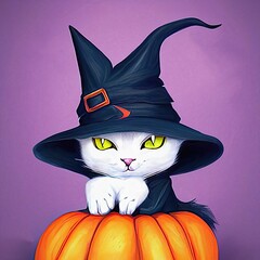 Halloween cute white cat on pumpkin with witch hat