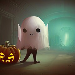Halloween ghost with legs and pumpkin