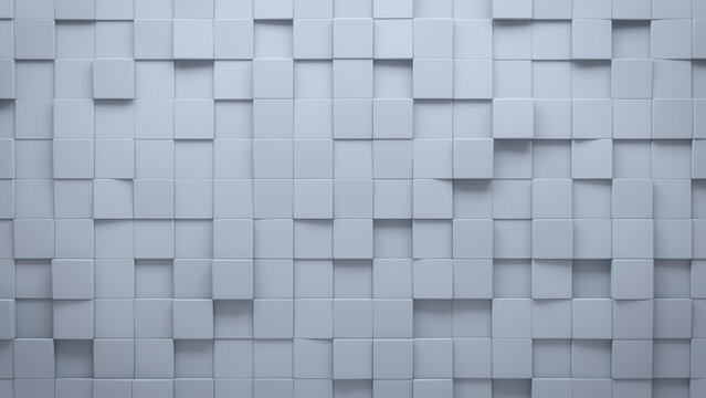 Semigloss, Futuristic Mosaic Tiles Arranged In The Shape Of A Wall. 3D, Square, Blocks Stacked To Create A White Block Background. 3D Render