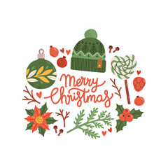 Merry Christmas with wreath lettering flat vector