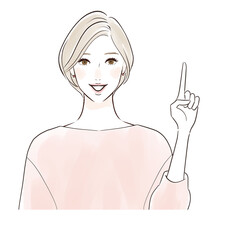 笑顔で指差しするミドル女性