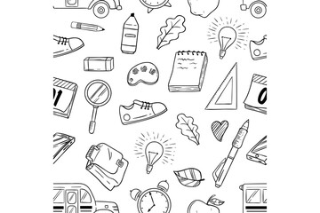 seamless pattern of back to school icons or elements with doodle style. school supplies hand drawing
