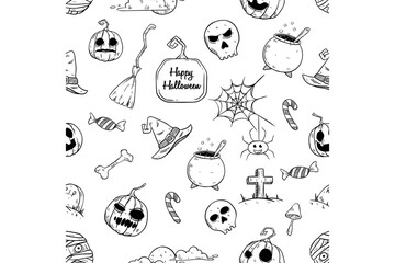 Seamless pattern of doodle halloween elements vector illustration on white background