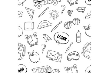 seamless pattern of back to school icons or elements with doodle style. school supplies hand drawing