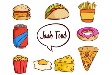 set of tasty fast food with colored doodle style 