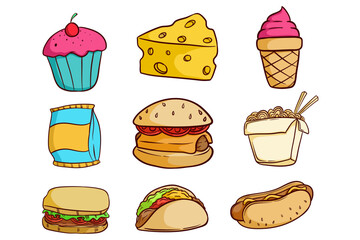 set of tasty fast food with colored doodle style 