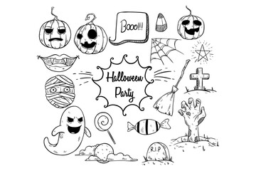 Set of doodle halloween elements vector illustration. Cute halloween icons on white background