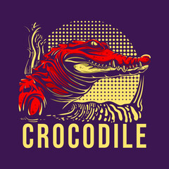 t shirt design crocodile with Side view of crocodile with sharp teeth and eyes stalking its prey vintage illustration