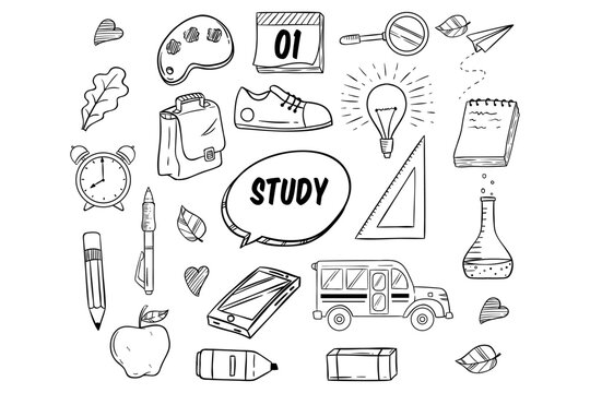 back to school icons or elements with doodle style. school supplies hand drawing