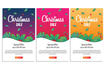 set of colorful christmas banner sale with leaves decoration