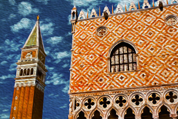 Tower and old building in typical Venetian style at the San Marco Square, in Venice. The historic and amazing marine city in Italy. Oil paint filter.