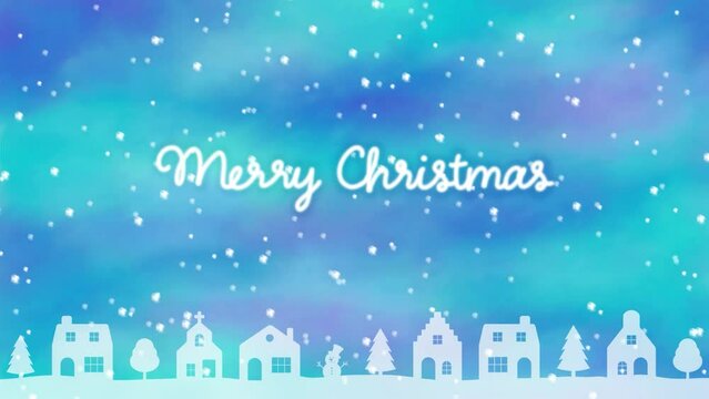 Animated Merry Christmas Text with falling snow, trees and houses