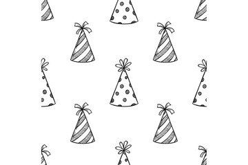 birthday hat in seamless pattern with doodle style