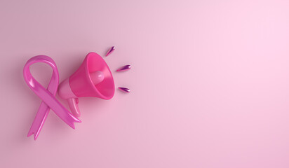 Breast cancer awareness month concept with ribbon, megaphone decoration background, copy space text, 3d rendering illustration