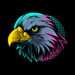 vector illustration colorful eagle head with the pose of stalking its prey with clouds background vintage illustration