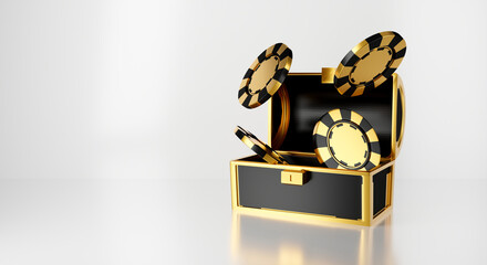 VIP 3D render of treasure chest open. Poker game casino chips isolated on white background. lucky money box.