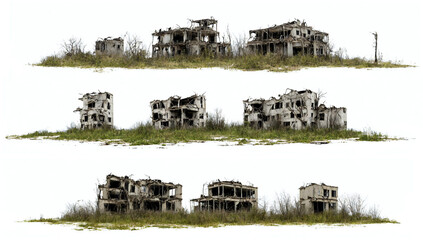 collection of destroyed buildings, post-apocalyptic overgrown houses, isolated on white background