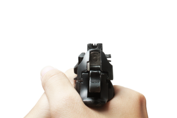 Pistol handgun weapon in hand in first person view isolated on transparent background
