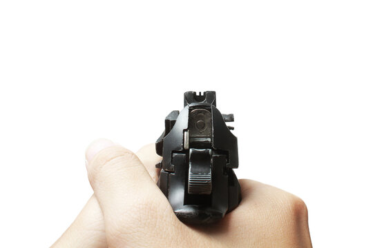Pistol handgun weapon in hand in first person view isolated on transparent background